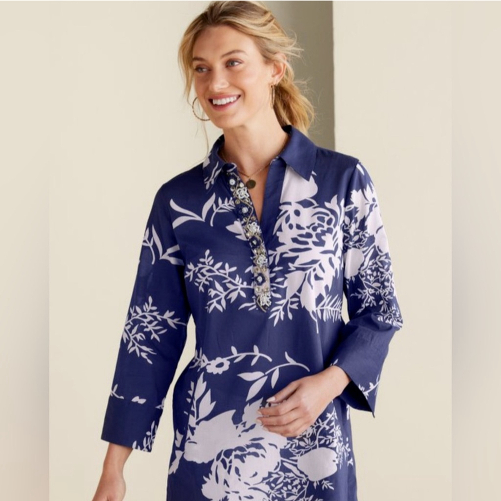 Soft Surroundings Blue Margaux Beaded Vneck Tunic Medium NWOT
